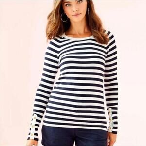 Lilly Pulitzer Dinah Sweater Navy White Striped Size Large Preppy Nautical‎